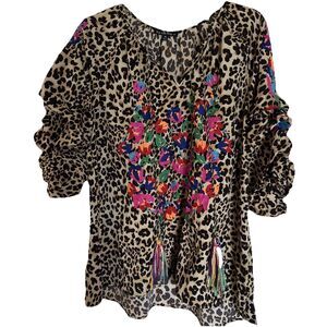 See N Be Seen Leopard Floral Embroidered Tassel Shirt Sz 1X